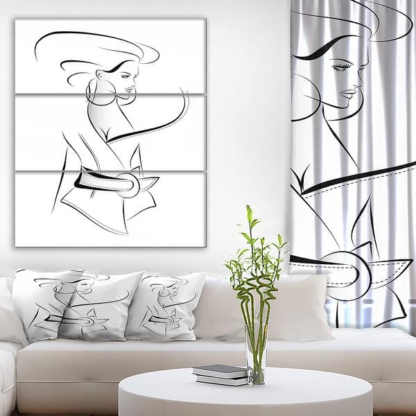 Designart 'Fashion Woman in Vector Sketch' Glamour Print on Wrapped Canvas Set - 28x36 - 3 Panels - 28 in. Wide x 36 in. High