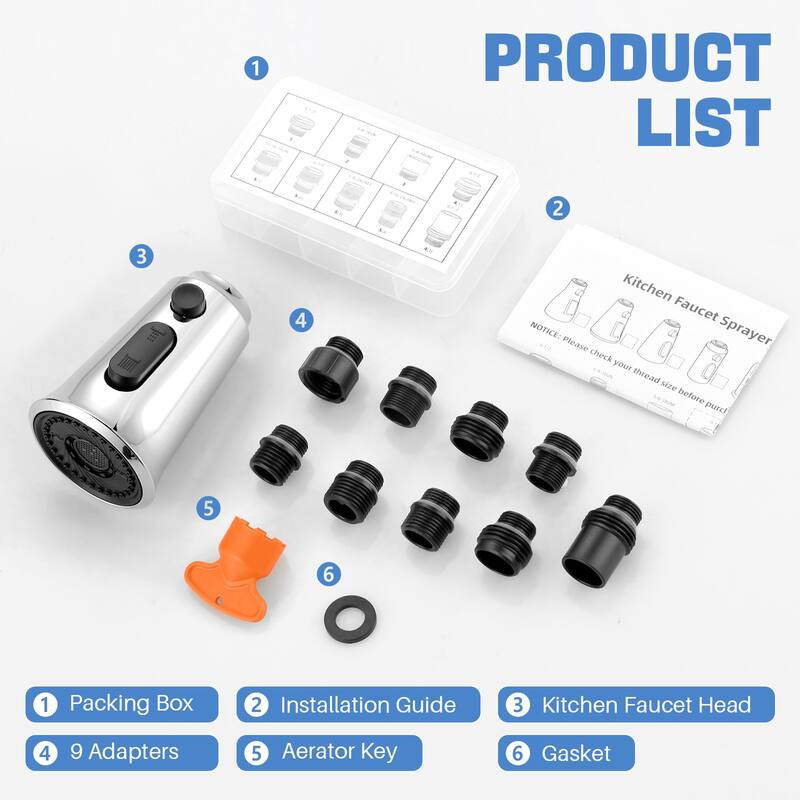 WOWOW Pull Down Kitchen Faucet Spray Head with 9 Adapters Kit