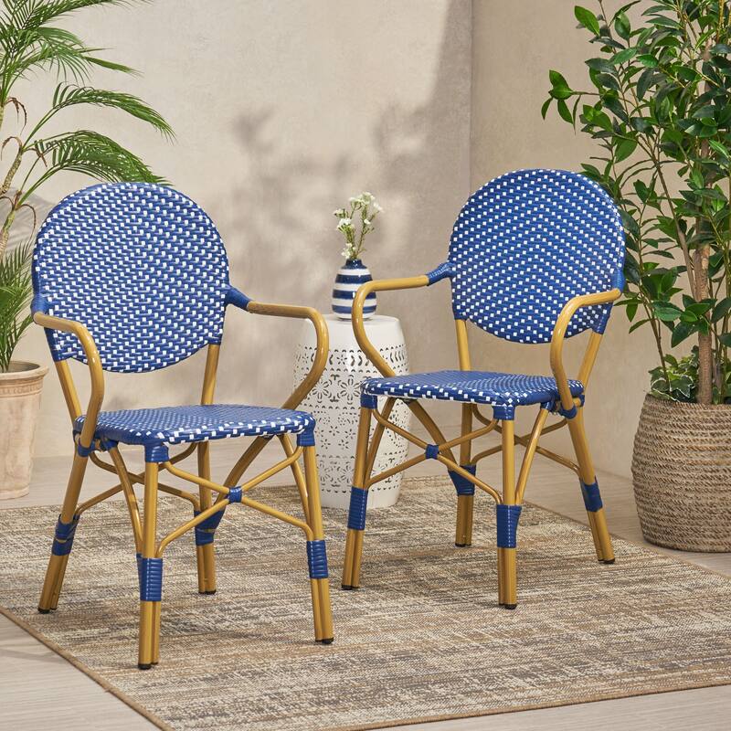 Roomfitters French Bistro Chair Set of 2, Outdoor Rattan Patio Dining Chairs with Armrests, Lightweight Stackable Design, Blue - Teal