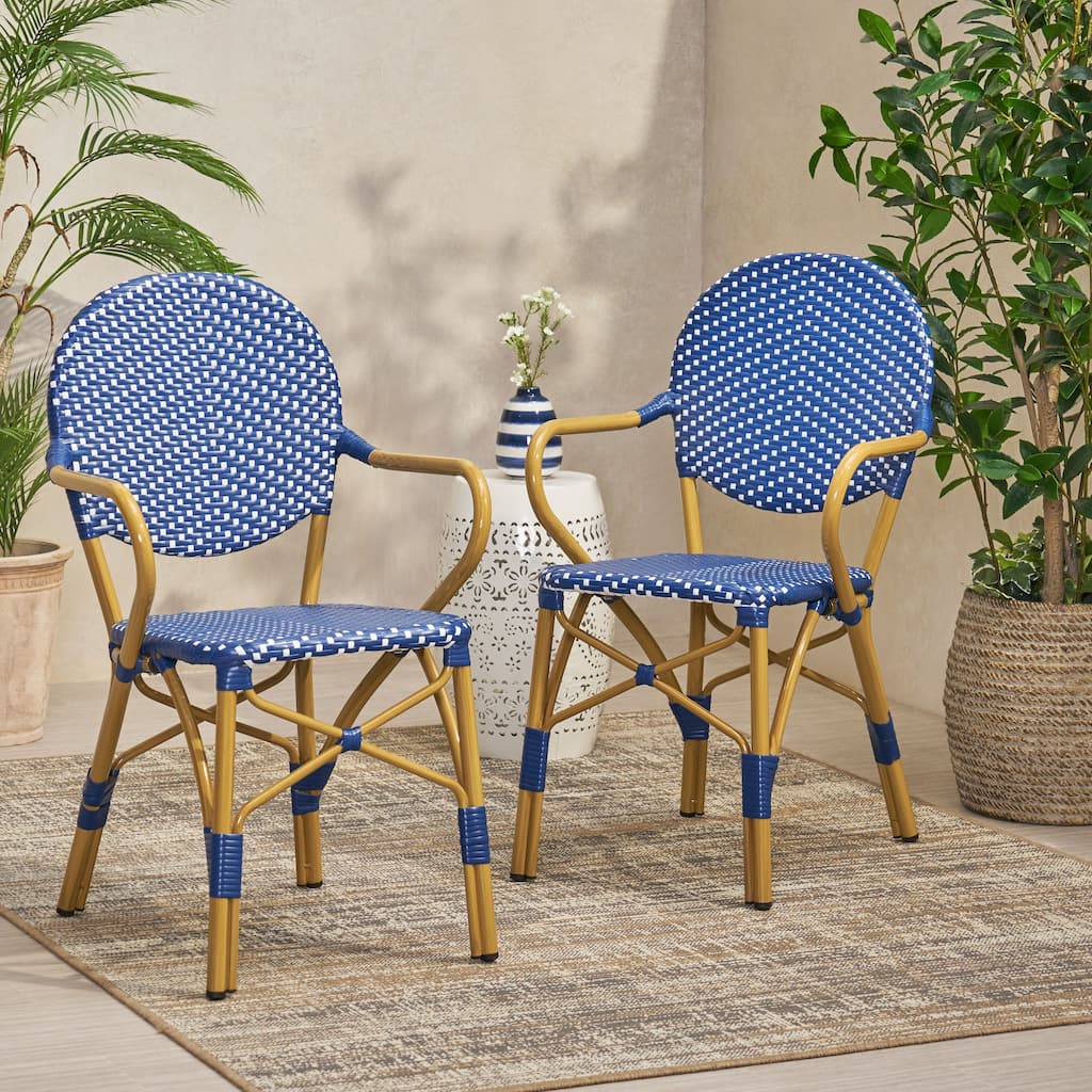 Roomfitters French Bistro Chair Set of 2, Outdoor Rattan Patio Dining Chairs with Armrests, Lightweight Stackable Design, Blue