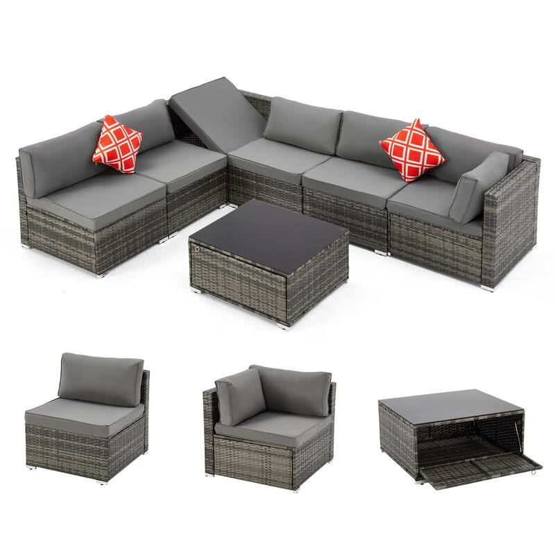 EROMMY 6/7 Piece Modular Outdoor Rattan Sofa Set, All-Weather Wicker Patio Furniture with Storage Table, Cushions & Pillows