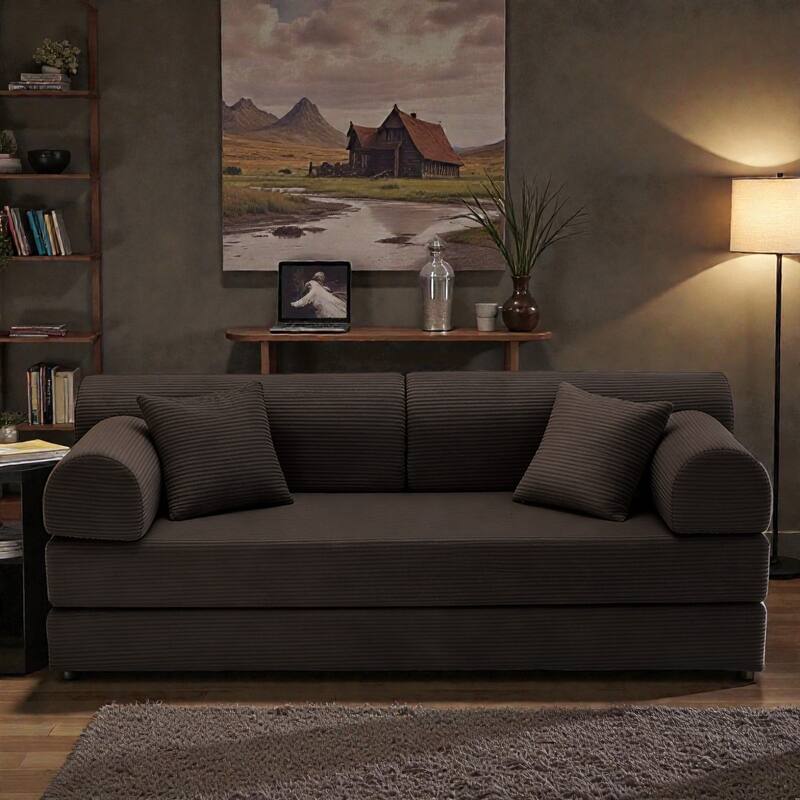 Convertible Sleeper Sofa Bed, 4-in-1 Corduroy Folding Floor Couch with Cylindrical Pillow, 2-Seat Space-Saving Lounge Sofa