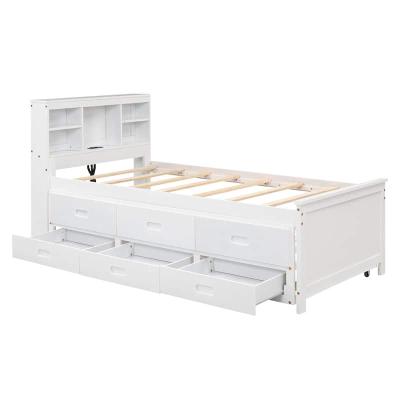 Roomfitters Twin Platform Bed with USB Charging Headboard, Trundle Bed and Open Storage Shelves