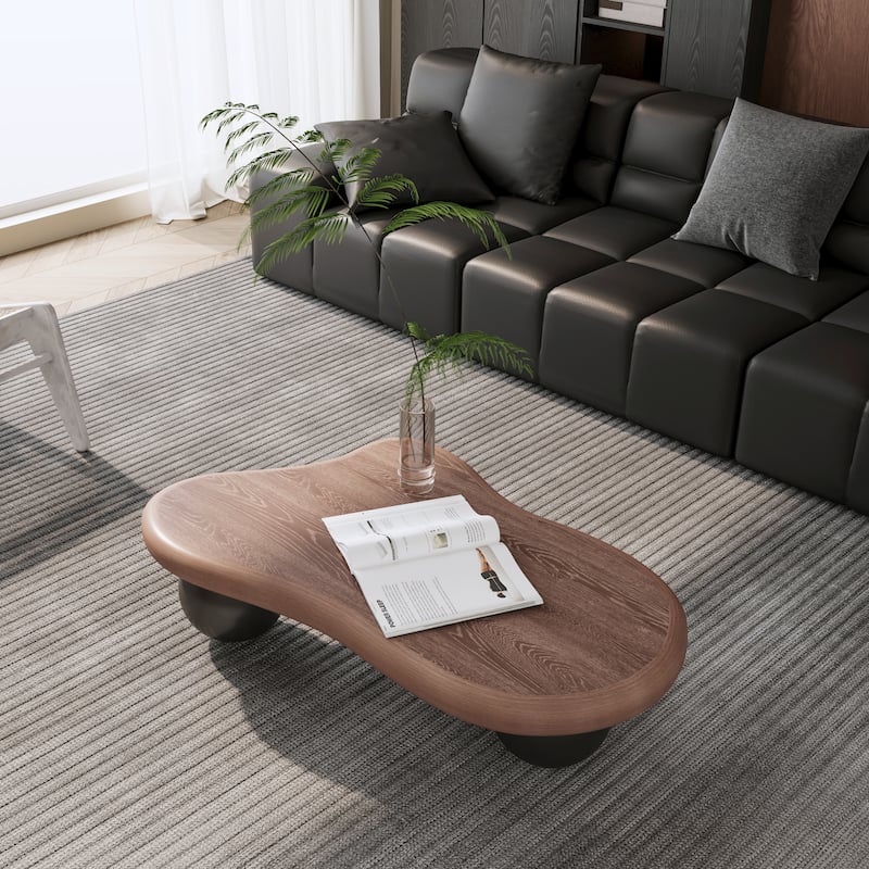 40 Inch Cloud Shaped Coffee Table with 3 Ball Legs for Living Room, Walnut Top Black Legs