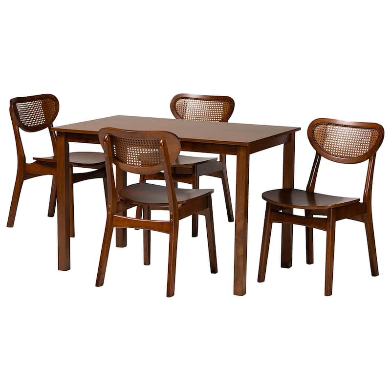 Jeriah Mid-Century Wood and Woven Rattan 5-Piece Dining Set - Walnut
