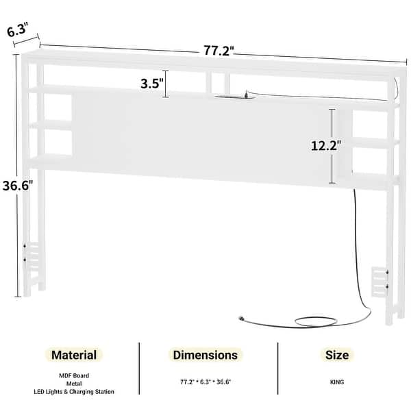 dimension image slide 7 of 11, Headboards with Storage Shelves, Head Board with Power Outlet and LED Light for Bed Frame
