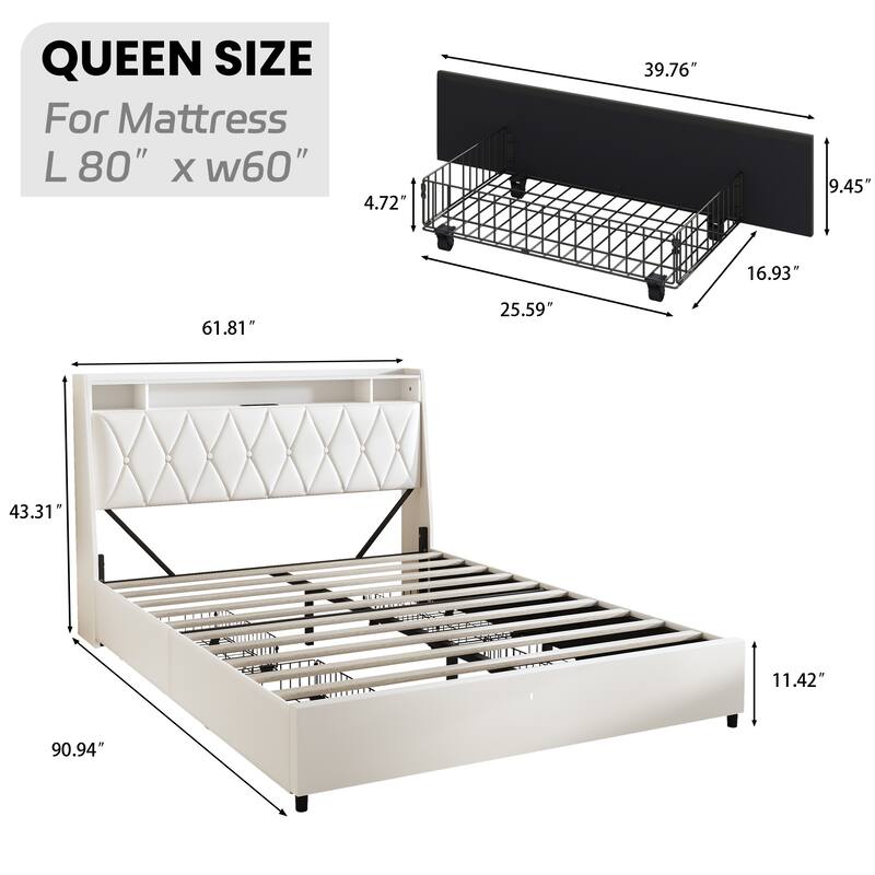 Queen Bed Frame with Ergonomic Headboard, Built-in Outlets, Charger, LED Light, Storage Shelf, Noise-Free, No Box Spring Needed