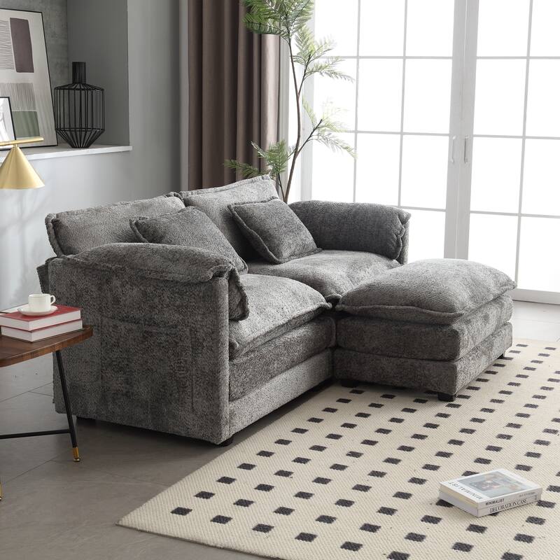 Chenille Fabric Double Sofa with High-Density Sponge Filling, Removable Armrests, and Side Storage Bags