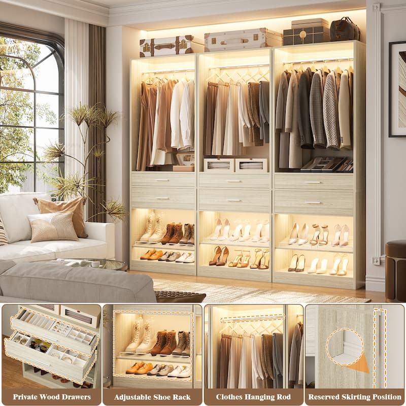 25'' W Freestanding Closet System with 2 Wooden Drawers and Adjustable Shoes Rack and Hanging Rod,Walk-in Closet Organizer