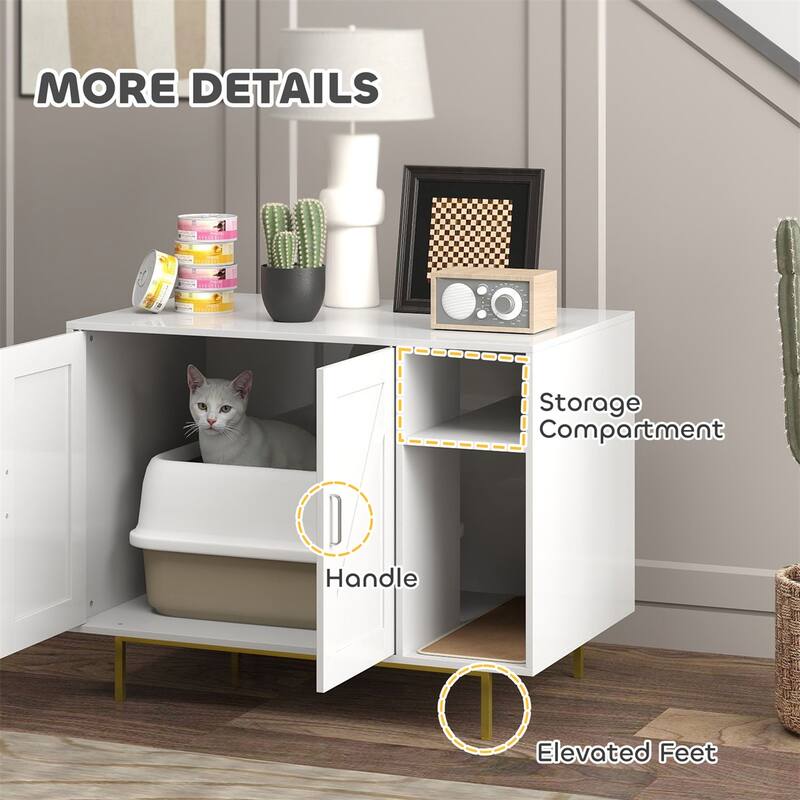 White Cat Litter Box Enclosure with Storage Scratching Mat and Cozy Hidden Cat Condo