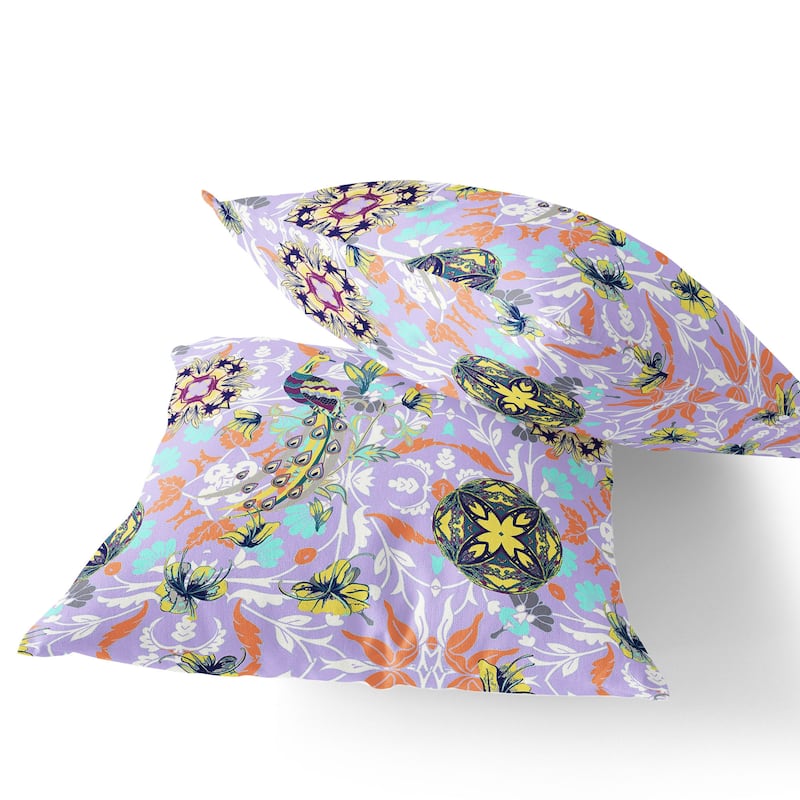 HomeRoots Set of Two 16" X 16" Purple and White Peacock Blown Seam Eclectic Indoor Outdoor Throw Pillow