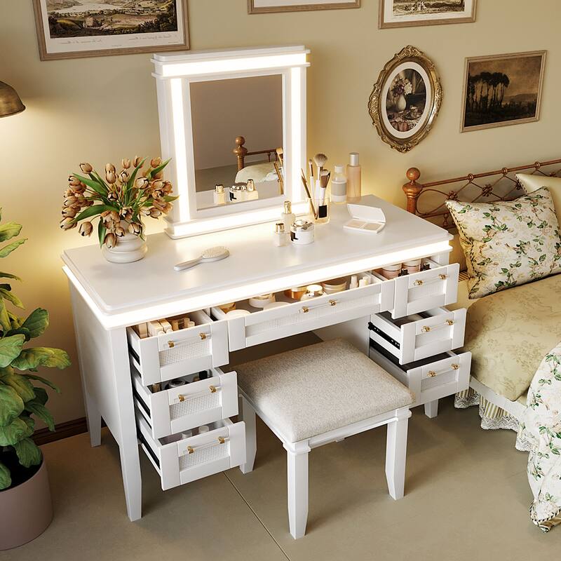 48" Vanity Desk with Mirror and Lights, Makeup Vanity with 7 Drawers and Cushioned Stool, with Hollow Design Drawer