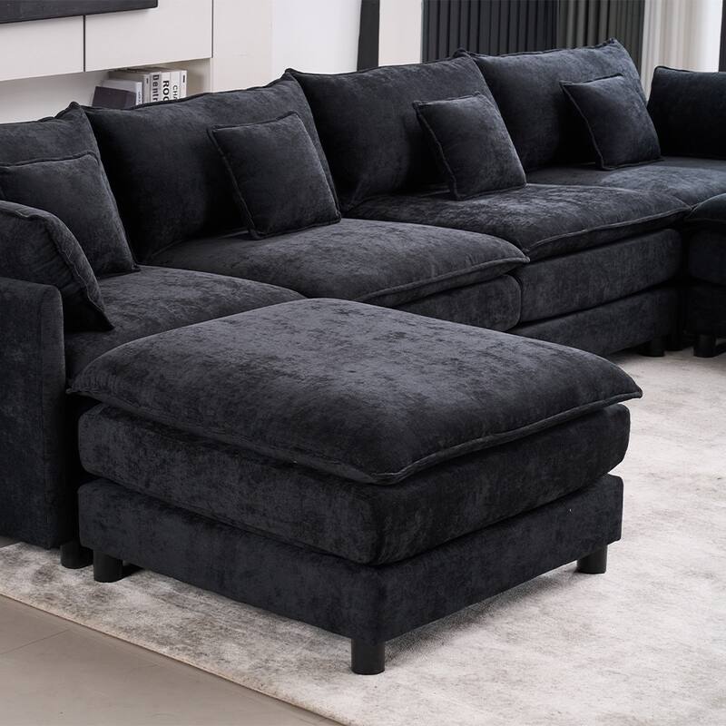 4 Seat U-Shaped Modern Chenille Sectional Sofa Sleeper (Black)