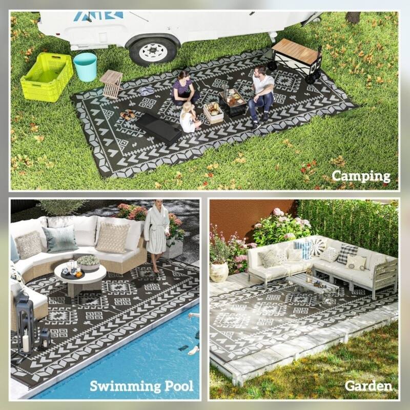 Reversible Outdoor Rug Rhombus Patchwork, UV-Protected, Foldable & Portable Polypropylene Mat - 215.7" L x 107.9" W