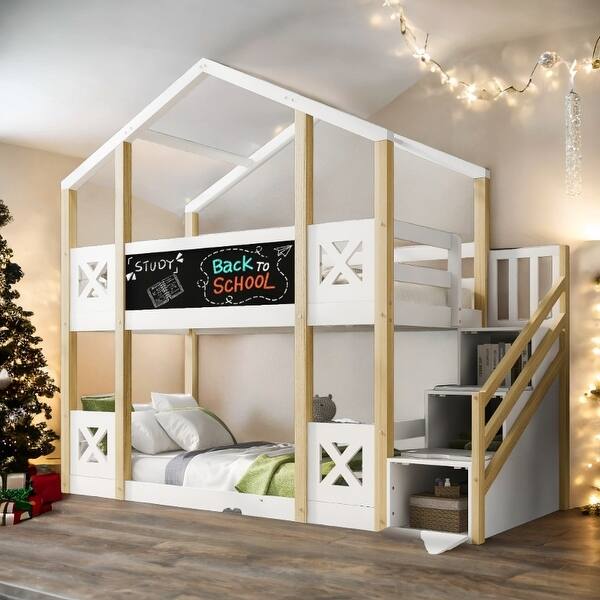 slide 2 of 16, Twin over Twin House Bunk Bed For Kids with Stylish and Simple Look Castle Shape Bunk Bed White
