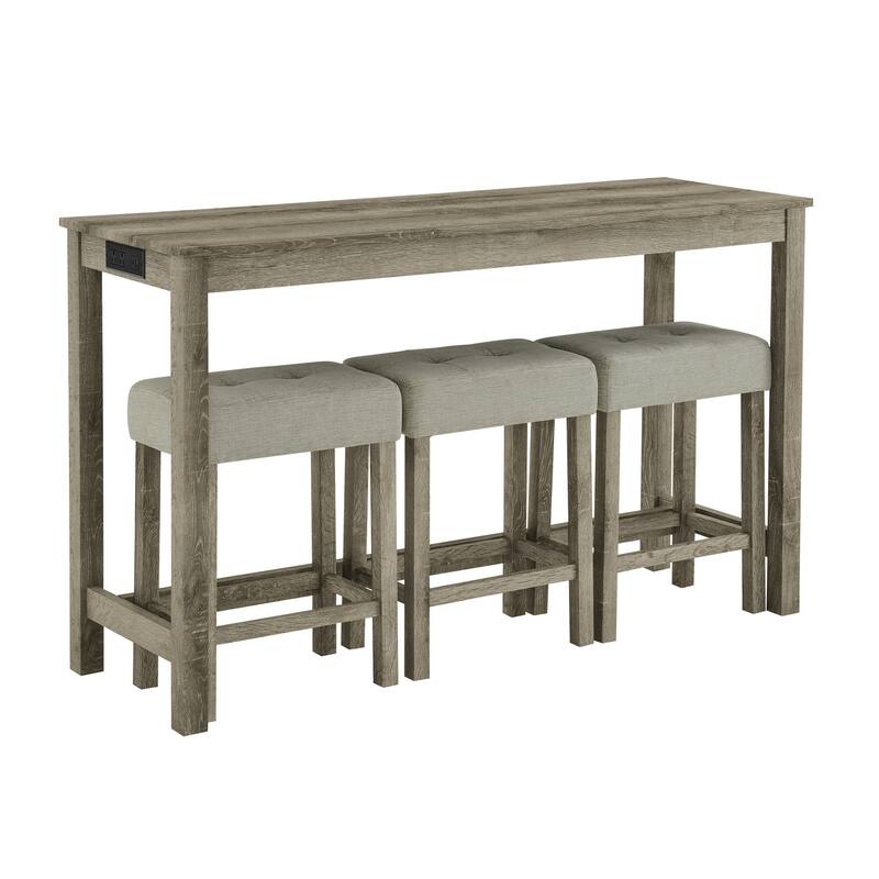 4-Piece Bar Table Set Sofa Side Table Set with Charging Station, Coffee Table Set with Upholstered Seat