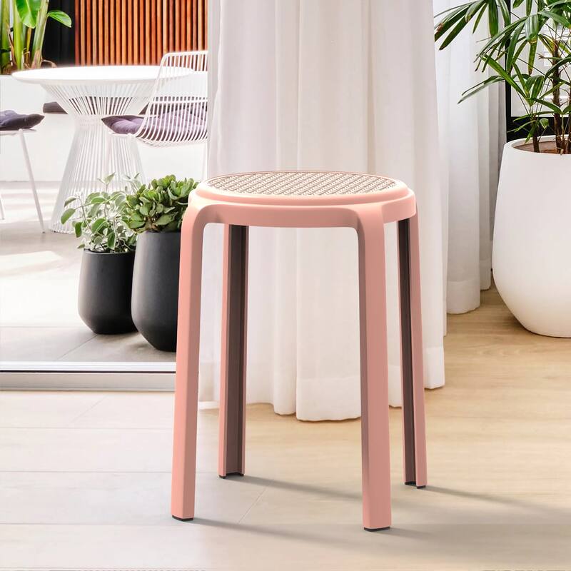 Tresse All-Weather Round Stackable Dining Stool with Wicker-Style Seat for Indoor, Outdoor, Patio, and Kitchen Set of 2