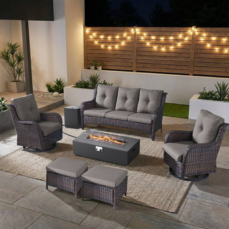 Pocassy Patio 5/7 Piece Sofa Swivel Chair Ottoman with Fire Pit Table - Brown Wicker Gray Cushion - 7-Piece Sofa Swivel Chair Ottoman with Fire Table