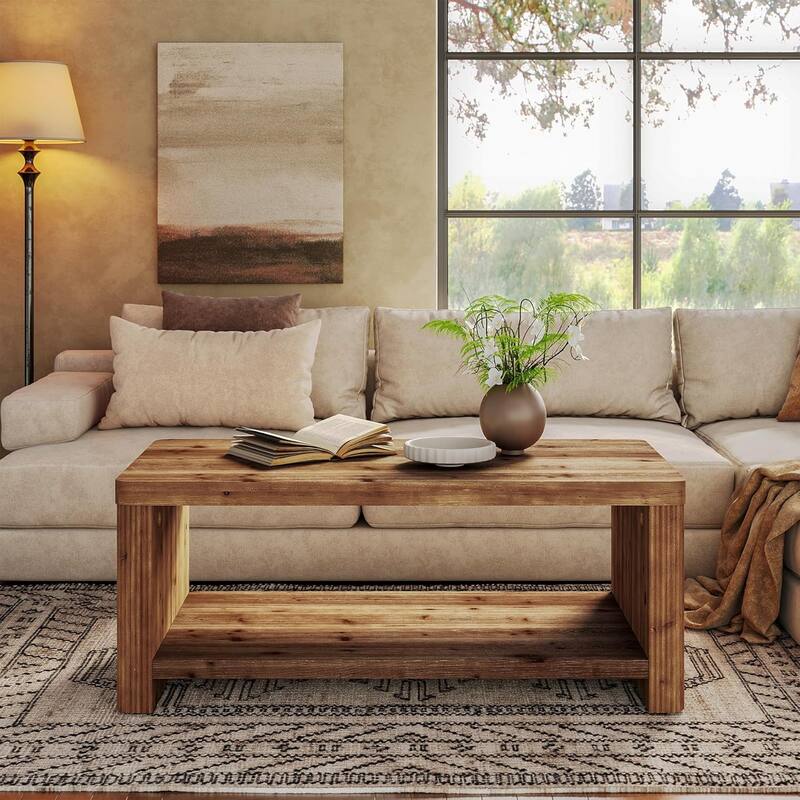 2-Tier Solid Wood Coffee Table for Living Room, 47.24" Rectangle Accent Center Tea Table with Storage