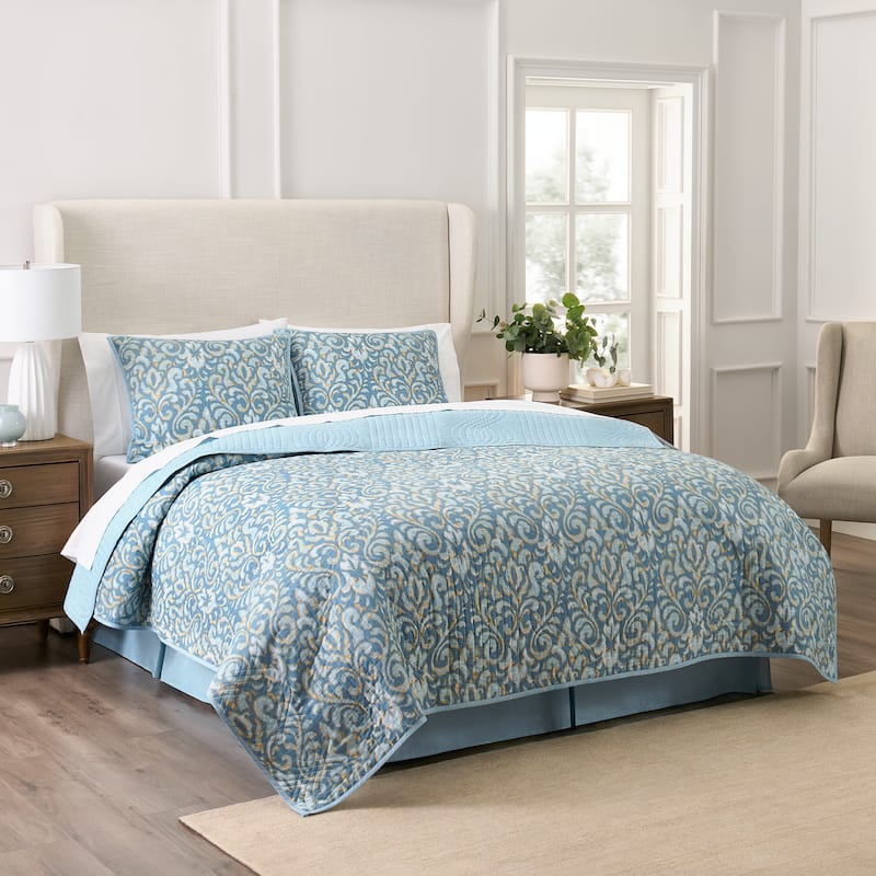 Waverly Stonington 3 Piece 100% Cotton Quilt Set - Aquamarine - 4 Piece - Queen