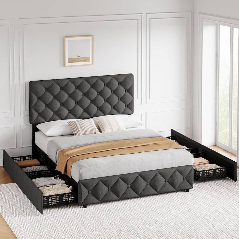 Bed Frame with 4 Storage Drawers and Adjustable Headboard