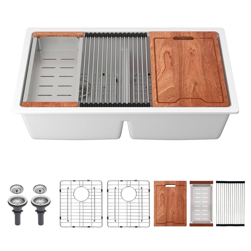 Undermount Double Bowl Quartz Kitchen Sink in White - 33'' x 19'' x 9.65''