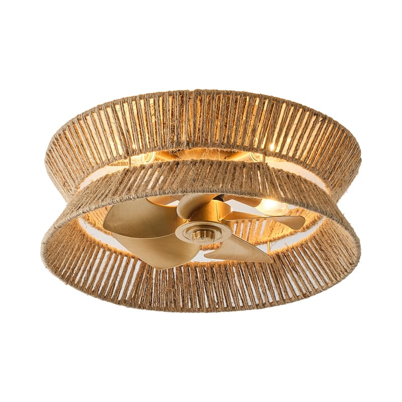 18-inch Boho Distressed Gold Chandelier Ceiling Fan with Remote and Hand Hemp Rope Shade - 17.7" W x 8.19" H