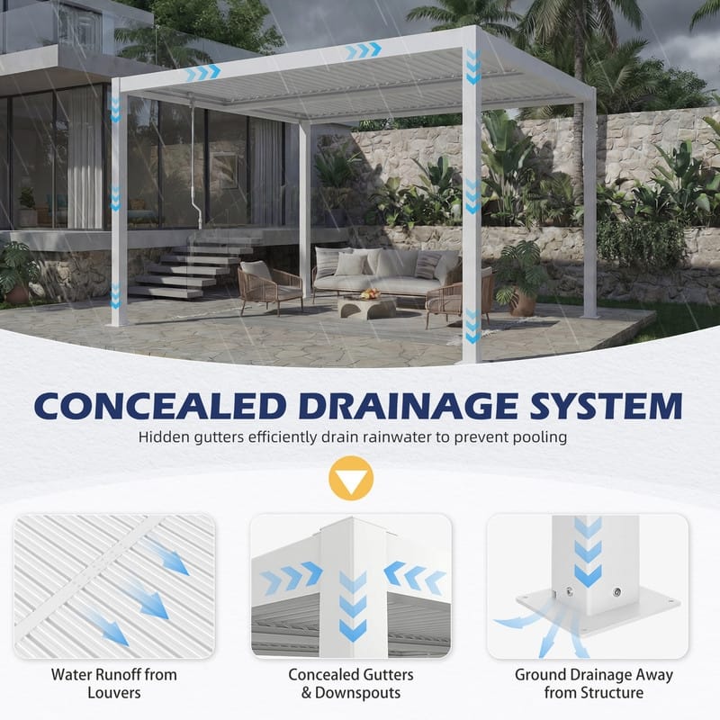10x12FT Outdoor Pergola with Adjustable Louvered Roof & Integrated Drainage, Heavy-Duty Metal Louvered Pergola for Patios