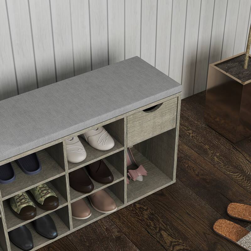 Entryway Shoe Storage Bench, Padded Seat Drawer Organizer, 3 Tier Rack