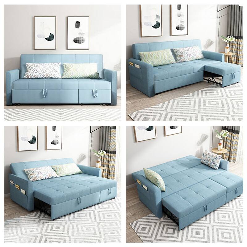 JASIWAY Linen Convertible Sleeper Sofa Chair Bed with Storage, Blue