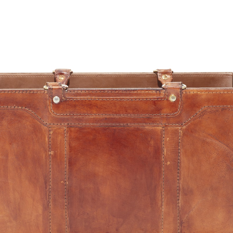 Leather Handmade Box Style Single Slot Magazine Holder with Detail Stitching and Curved Handles - Brown - Roche River Decor
