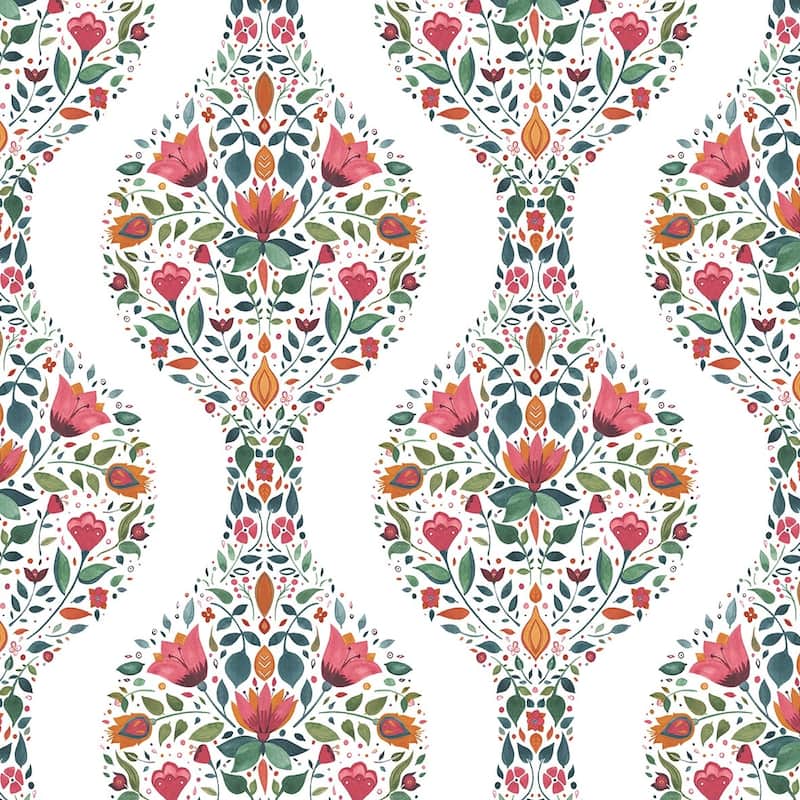 NextWall Floral Ogee Peel and Stick Wallpaper - 20.5 in. W x 18 ft. L - Rose Pink & Spruce