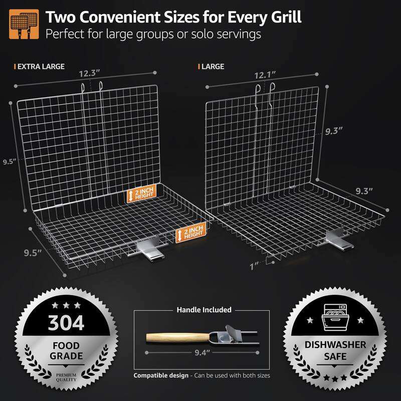 Sorbus Large Stainless Steel Barbecue Folding Grilling Basket with Removable Handles- Set of 2