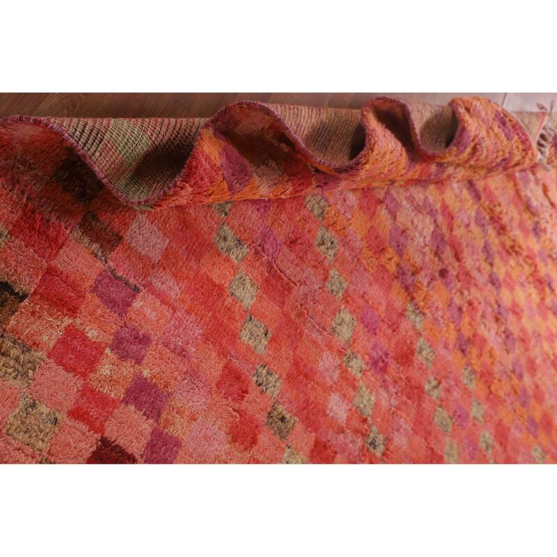 Coral Checkered Moroccan Area Rug Hand-Knotted Wool Carpet - 8'11" x 12'7"