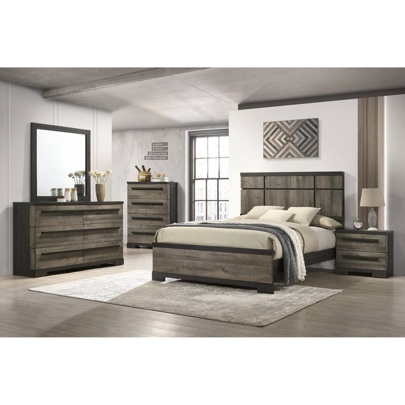 Queen Panel Bed with Gray Ebony Finish, Contemporary Wooden Headboard