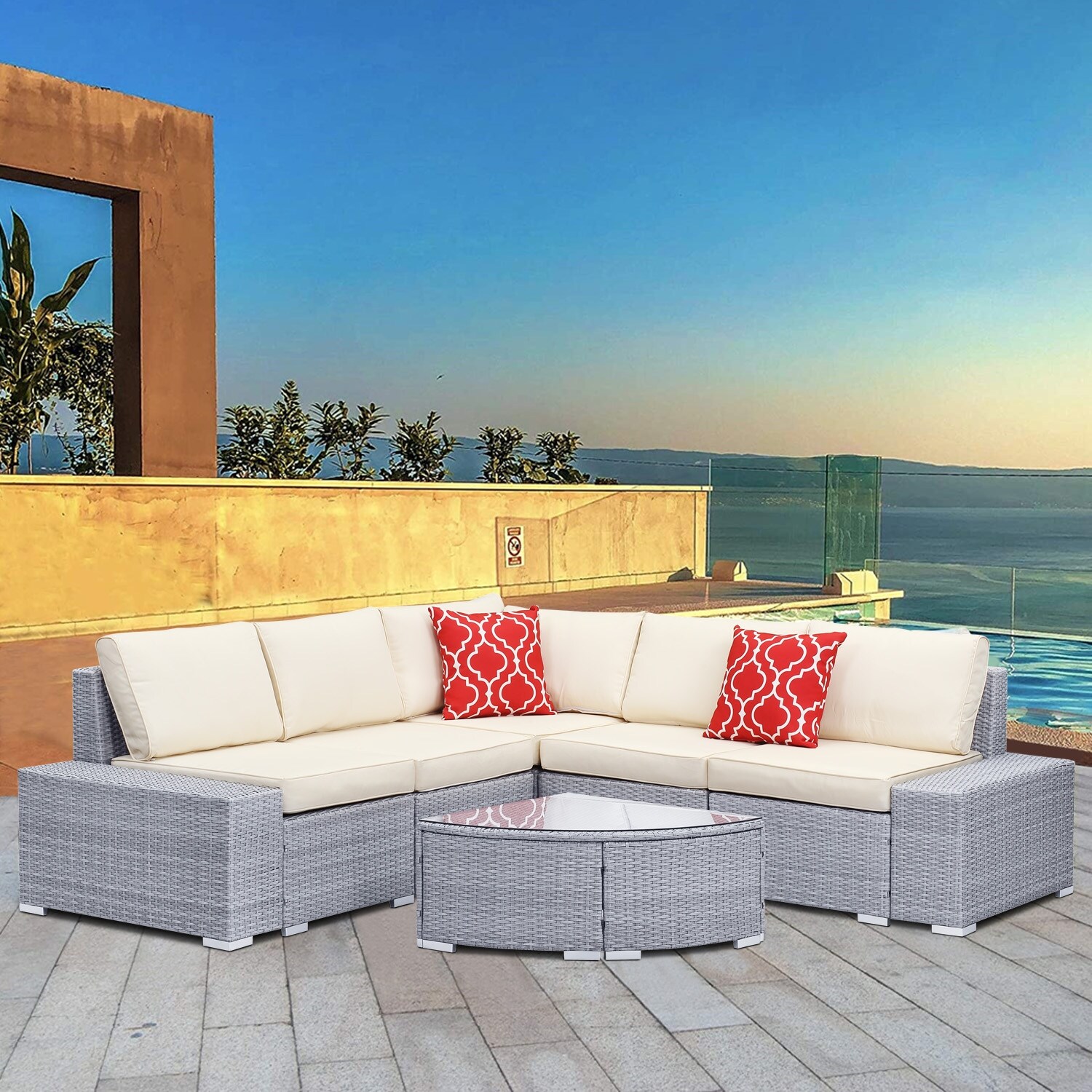 Ainfox 6 Pieces Outdoor Patio Furniture Sectional Sofa Beige Cushions Overstock 31814759