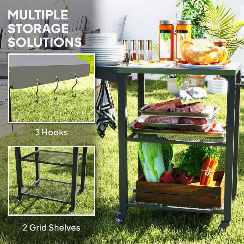 Silver and Black Stainless Steel Grill Cart with Foldable Side Table, Hooks, Grid Shelves - 31.5" L x 16.1" W x 31.1" H