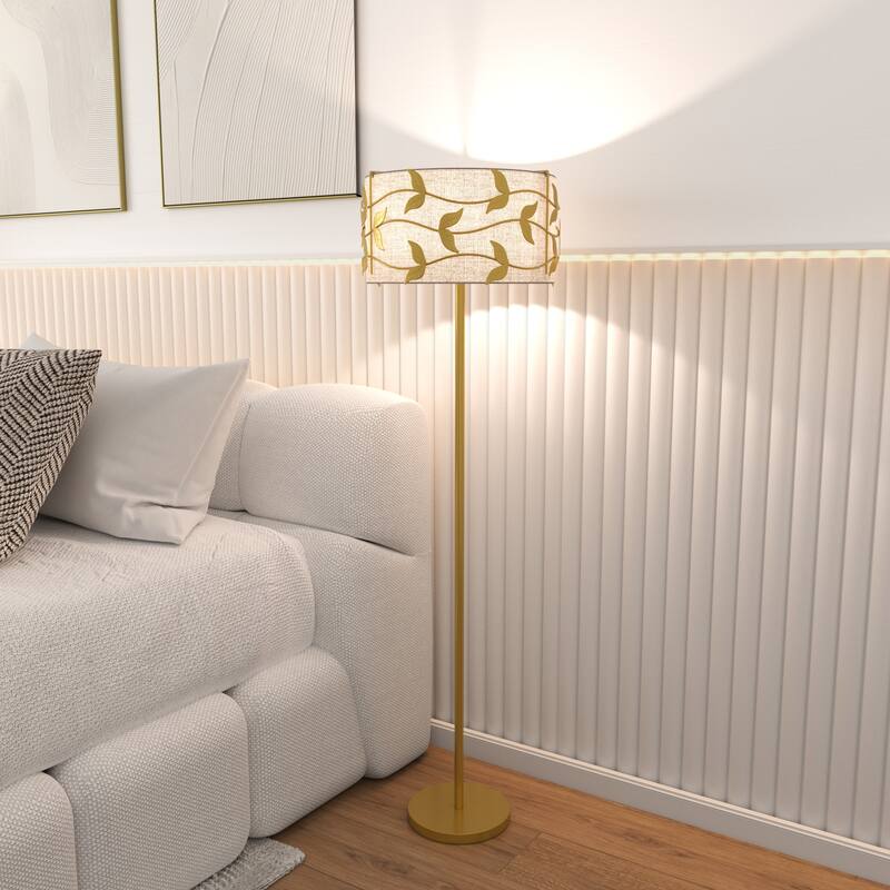 Acroma Black/Gold Leaf-Accent Fabric Shade Floor Lamp