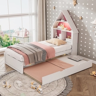 85.20" Wood Frame Twin Trundle Bed with Bookcase Headboard and Led Light