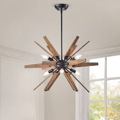 Bernice Antique Black Sputnik Natural Wood 6-light Chandelier