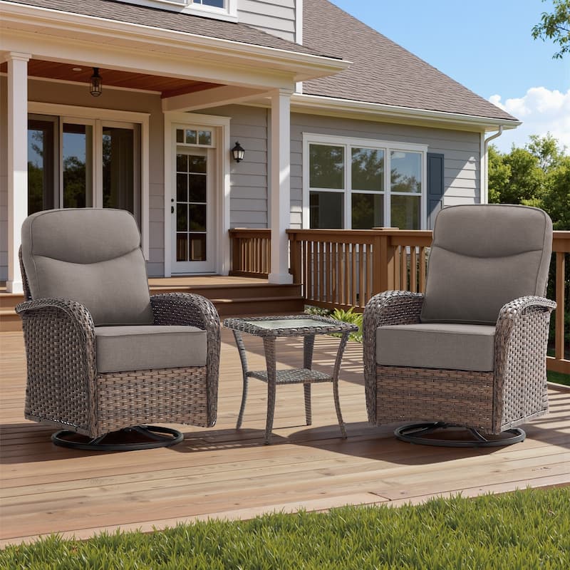 Meyreso 3-Piece Wicker Patio Swivel Glider Chairs with 6-Inch Thick Cushions and Side Table - Brown Wicker - Gray Cushions