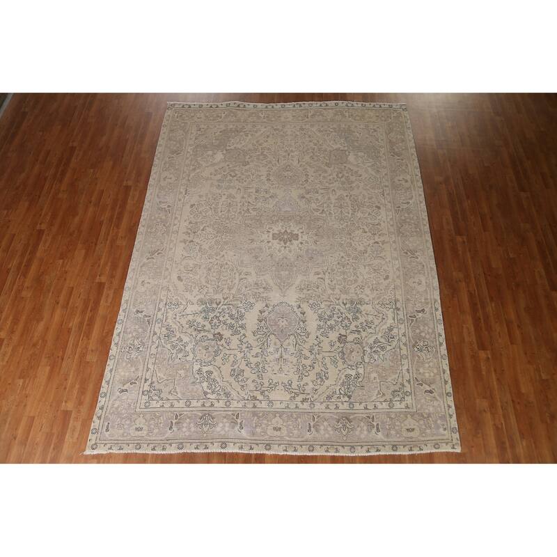 Hand Knotted Oriental 100% Wool Carpet Traditional Floral Beige & Ivories Tabriz Area Rug - 10' 11'' X 8' 1''