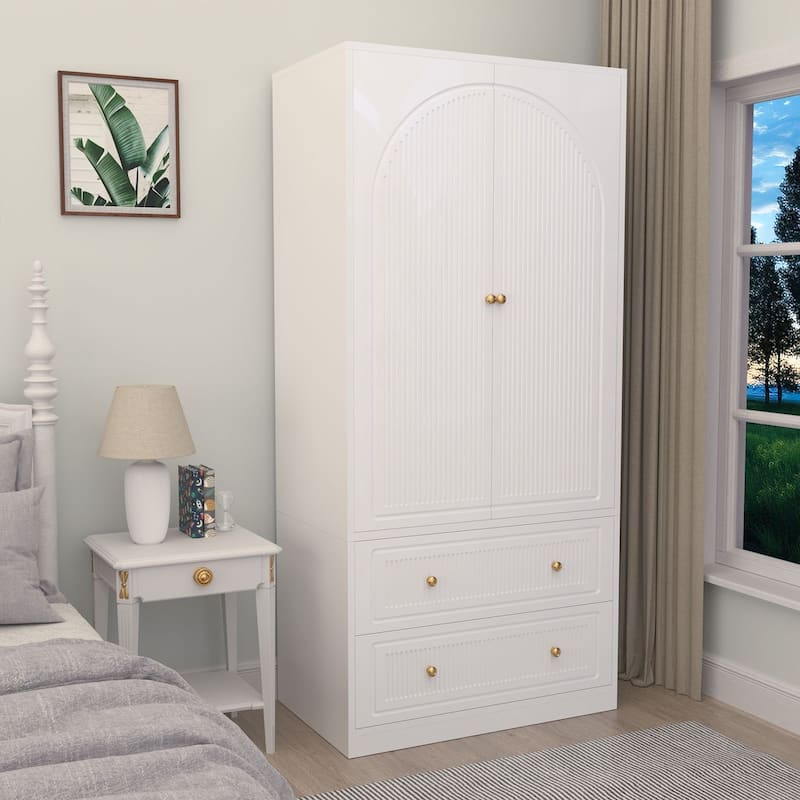 Gymojoy 71" Wardrobe Closet with 2 Doors & 2 Drawers, Modern White Wooden Armoire with Hanging Rod & Gold Handles