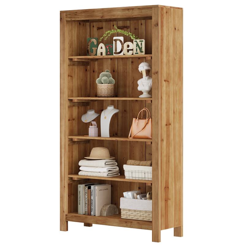 5-Tier Tall Heavy Duty Floor Bookcase, Solid Wood Large Bookshelf