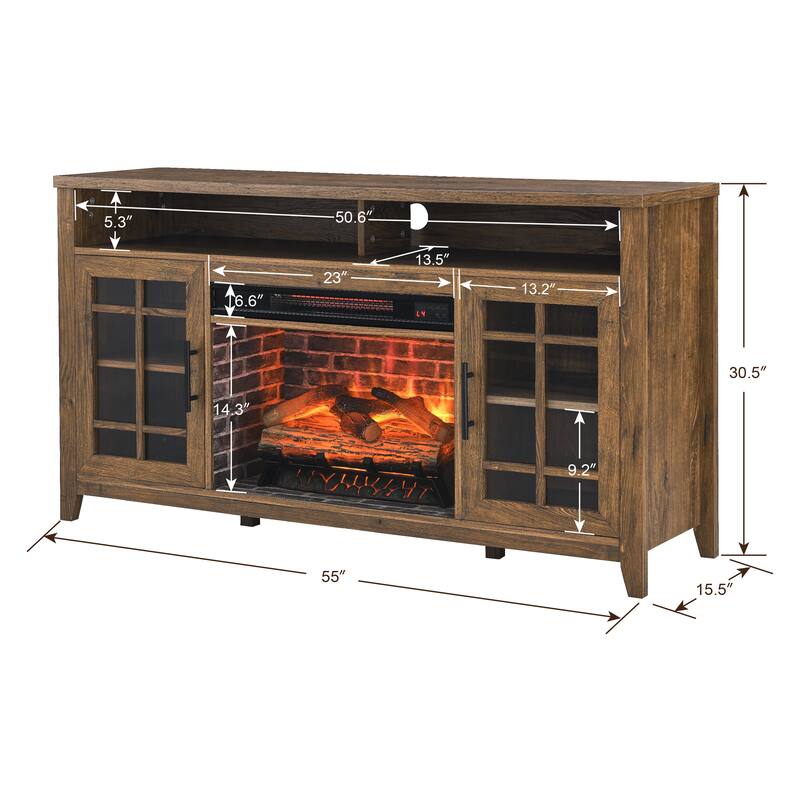 Reclaimed Barnwood 55" Fireplace TV Stand with Log Flames, Remote & Doors