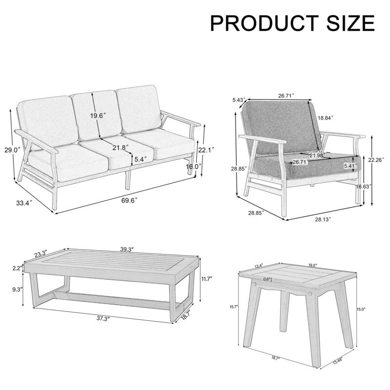 Modern Wood Cushioned Outdoor Patio Sofa Loveseat with Coffee Table