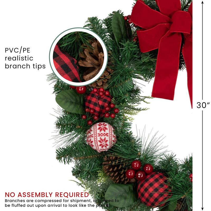 Red Bow Mixed Foliage Artificial Christmas Wreath with Ornaments, 30"