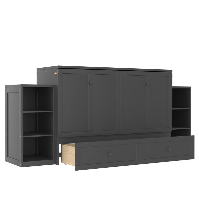 Queen Murphy Bed with Storage Drawers & Shelves for Guest Room