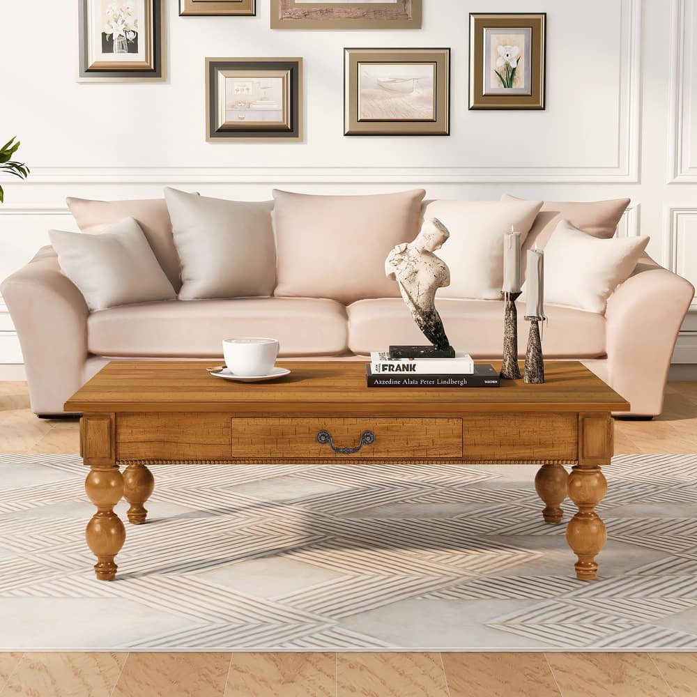 Rectangular Wooden Coffee Table with Storage Drawer, Vintage Cocktail Table with Solid Wood Gourd-Shaped Legs for Living Room