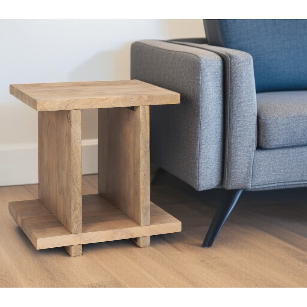 HomeRoots 22" Brown Solid Wood Sled End Table With Shelf - 18.00 in. x 22.00 in. x 22.00 in.